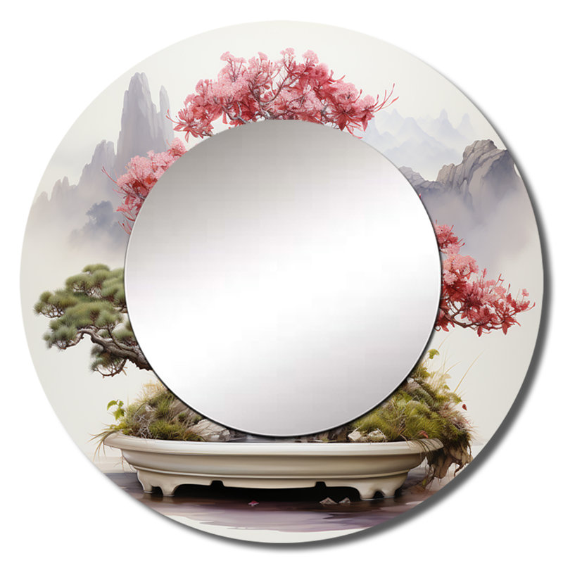Asian Art Bonsais Wisdom V - Asian Art Large Mirror, Pink Round Decorative Wall Mirror, Printed Metal Art, 23" x 23"