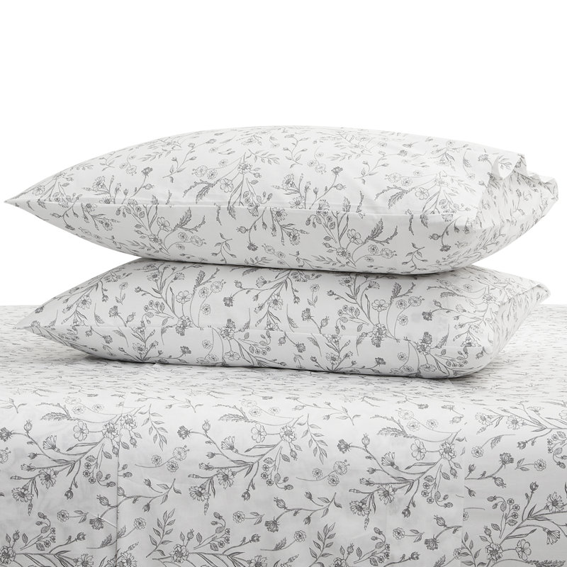 100% Cotton Floral Bed Sheets Queen/King Sheet Se, Queen Sheet Set with 2 Pillowcases, Light Gray Floral