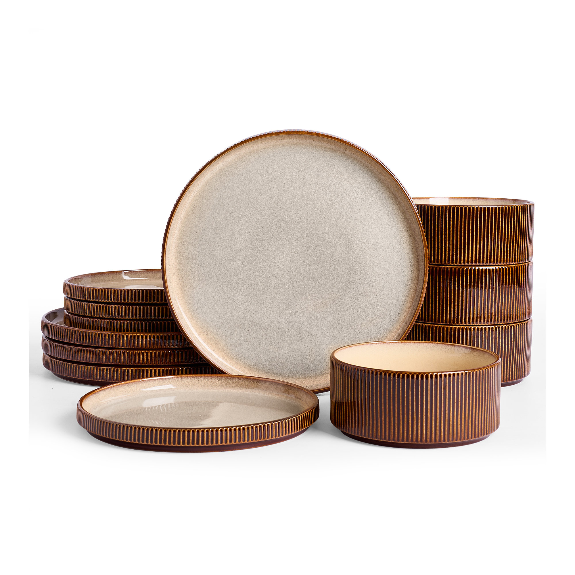 Star Series 12 Pieces Dinnerware Set, Moss & Cocoa, Cream & Cocoa