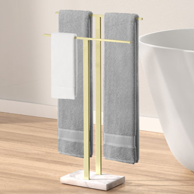 KES Freestanding Towel Rack 2-Tier 33''H Dual T-Shape Towel Stand with Weighted Marble Base for Bathroom 18/8 Stainless Steel, Brushed Gold