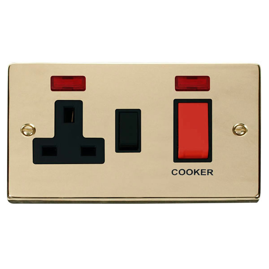 Polished Brass Cooker Control 45A With 13A Switched Plug Socket & 2 Neons