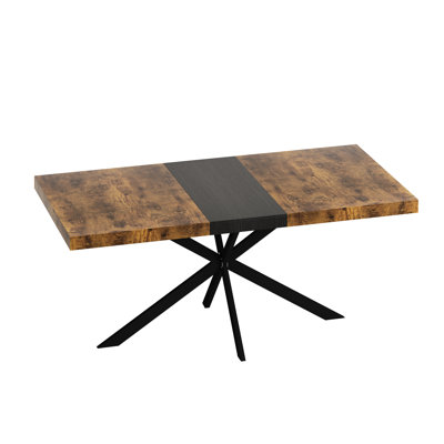 Retro Rectangular Table With Antique Wood And Black Relief Plate, & Metal, 165Lbs Load Capacity, Seats 6, Brown Stretch Dining Table, Plate Top, Fine Sand Cross Iron Foot, Storage, + 165 Lbs