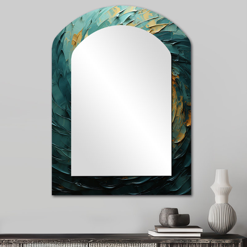 Majestic Motion Teal Spiral IV - grand miroir asymétrique spirales abstraites, miroir mural décoratif arche moderne, impression d'art en métal