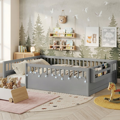 Full Size Bed Frame for Kids/Teens, Wooden Montessori Bed Frame with High Rails & Storage Shelf, Floor Bed with Light for Bedroom