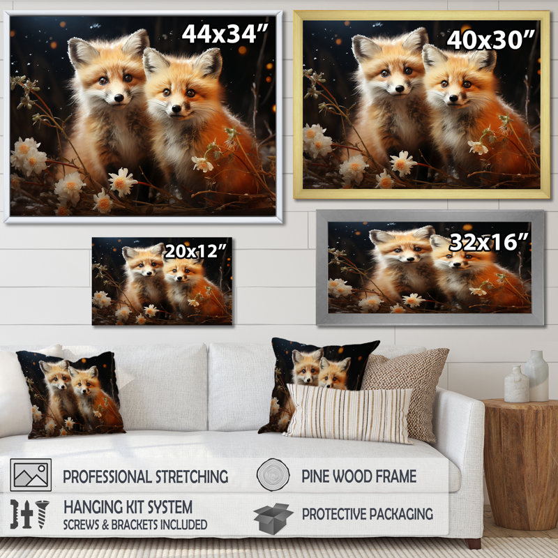 Printemps, renards mignons, regard III - art mural animal renard, Cadre flottant doré, H 16 po x l 32 po x P 1 po