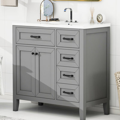 Meuble-lavabo 36 po, lavabo autoportant en bois massif et encastré gris, tiroirs décoratifs pour la maison