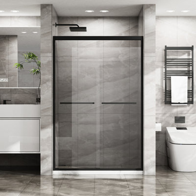 Double Sliding Shower Enclosure - 48" W X 72" H, Tempered Glass, Matte Black Frame, Stainless Steel Rings 48 In. 72 H Door Sliding, Clear Black, Specimens