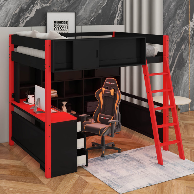 Wood Loft Bed With Desk & Storage, Built-In Bookshelf And LED Lighting For Kids Teens Adults, Red