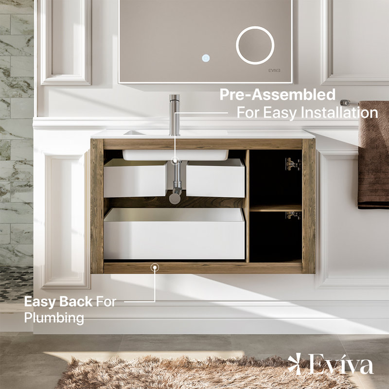 Eviva Ciocco 35 in. W Solid Wood Bath Vanity in Walnut with White Solid Surface Top with White Sink