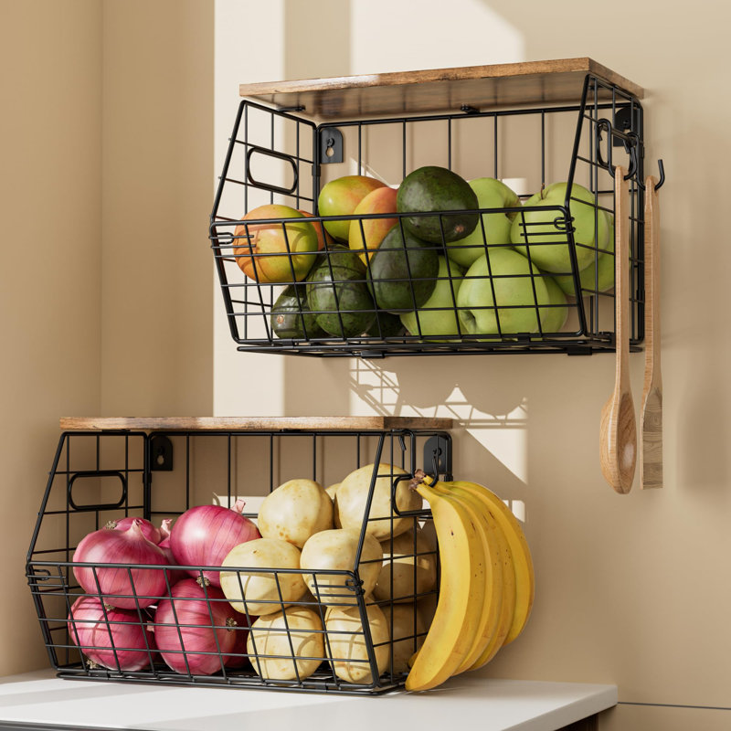 Panier de fruits empilable en métal avec couvercle en bois, paquet de 2, organisateur mural suspendu pour comptoir de cuisine, rangement pour garde-manger pour oignons, pommes de terre, ail, fruits, épices, noir