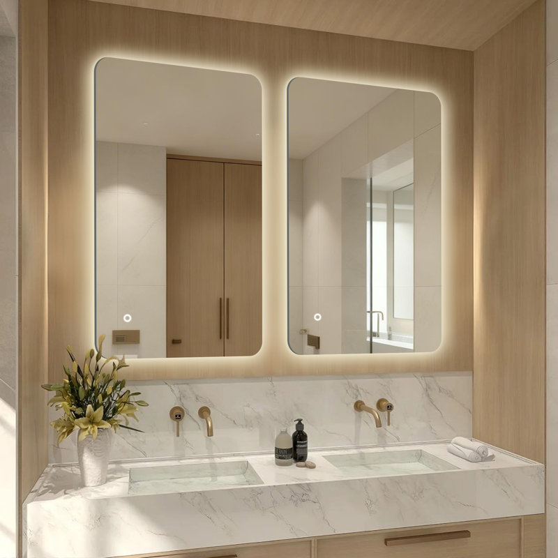 UL Certified Modern Backlit LED Rounded Rectangle Bathroom Mirror,Tempered Glass Anti-Fog 3 Color Dimmable with Memory Function