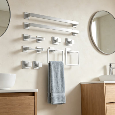 Ensemble d'accessoires de quincaillerie de salle de bain 10 pièces, ensemble de porte-serviettes en acier inoxydable fixé au mur, comprend des barres à serviettes de 23,6 pouces, des anneaux à serviettes, des porte-papier hygiénique et des crochets à serviettes