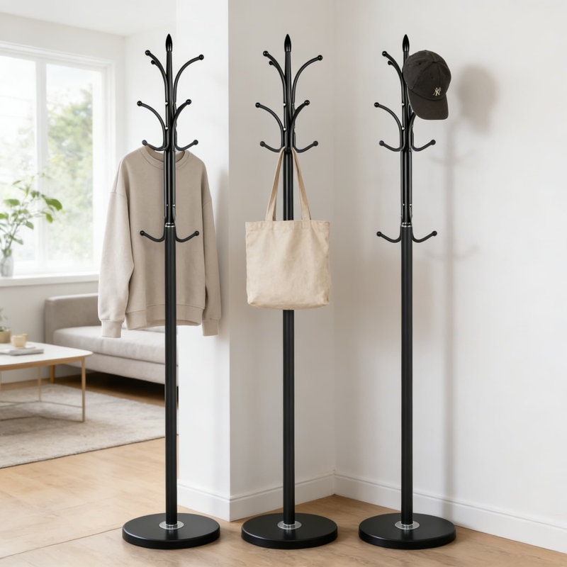 Portemanteau autoportant avec 12 crochets et porte-parapluie, base en marbre robuste et fabrication en métal pour l'entrée, le couloir, le bureau et l'organisation à la maison