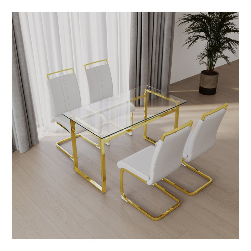 Ensemble de table de salle à manger de 51 pouces en verre pour 4 personnes, ensemble de table de salle à manger et chaises avec pieds plaqués pour la cuisine, plateau de table rectangulaire moderne en verre trempé et chaise de salle à manger en polyu