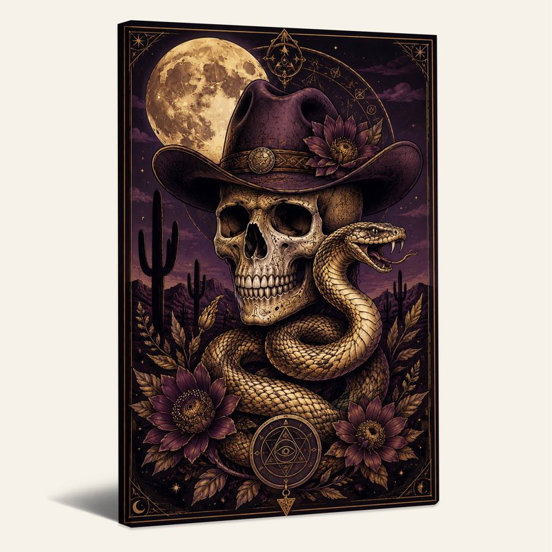 Art mural sur toile, grand crâne de lune avec chapeau de cowboy, H 30 po x l 20 po