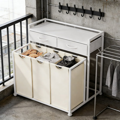 Panier à linge roulant à 3 sections avec tiroirs et tablette coulissants, organisateur de trieur de linge de grande capacité avec roues et sacs amovibles pour la salle de lavage ou la salle de bain