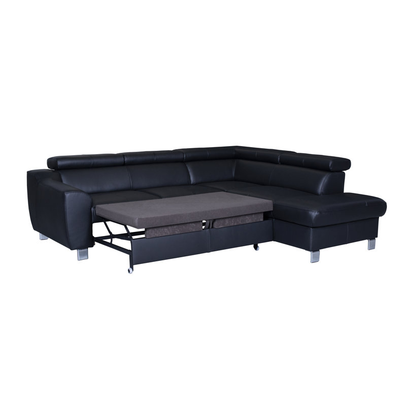 Aribel Faux Leather Corner Sectional with Sleeping Function and Storage Box with Adjustable Headrests, Black