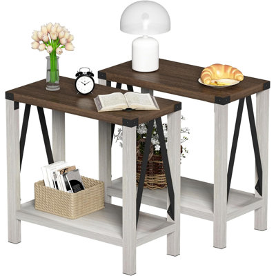 Ensemble de 2 tables de bout rustiques avec tablette de rangement pour salon, chambre à coucher