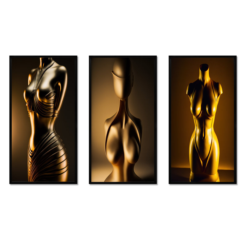 «Stylish Golden Dress Mannequin», 3 pièces, H 32 po x l 48 po, Cadre flottant noir