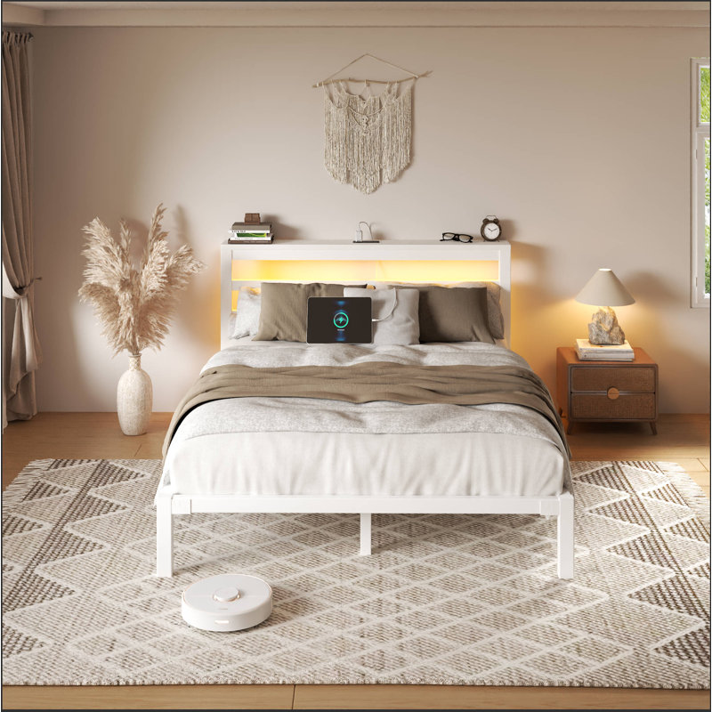 Queen Metal Platform Bed with Storage Headboard, Charging Station, LED Light, Easy Assembly, White, White, Queen