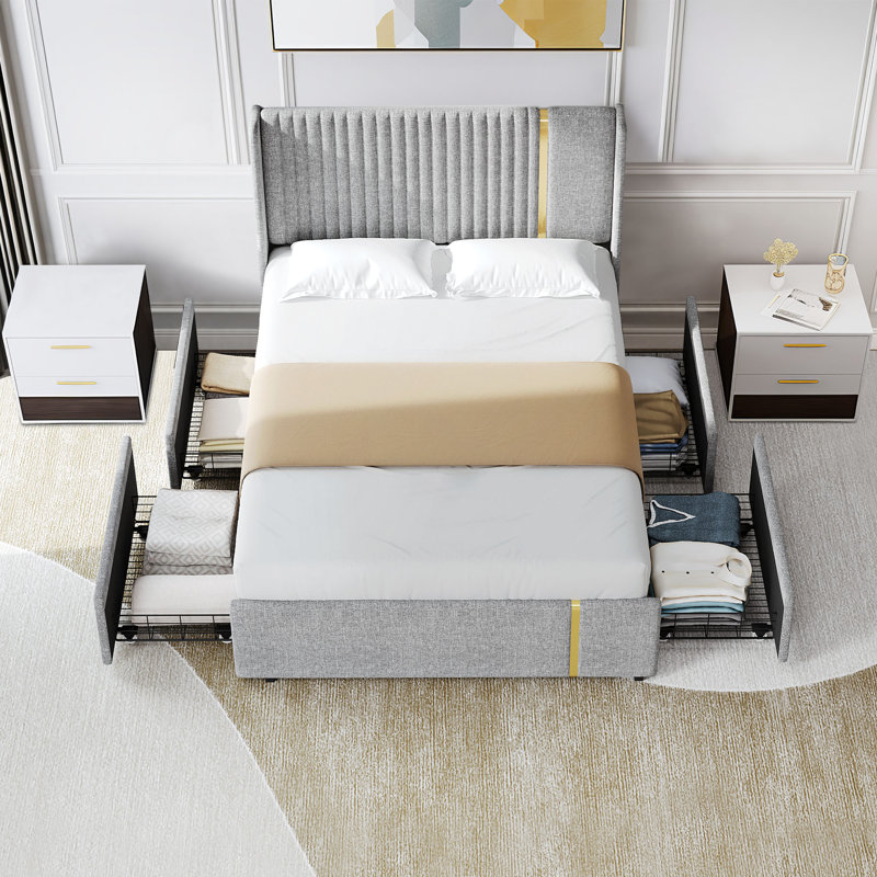 Baranowski Linen Upholstered Bed Frame with Storage Drawers, Wingback Platform Bed with Headboard, Full