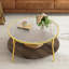 Table basse moderne à 2 niveaux en noyer avec plateau en verre et base dorée pour salon, 29,9 po