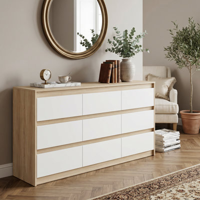 63" 9-Drawer Modern Dresser, Oak & White Storage Chest Of Drawers For Bedroom & Living Room
