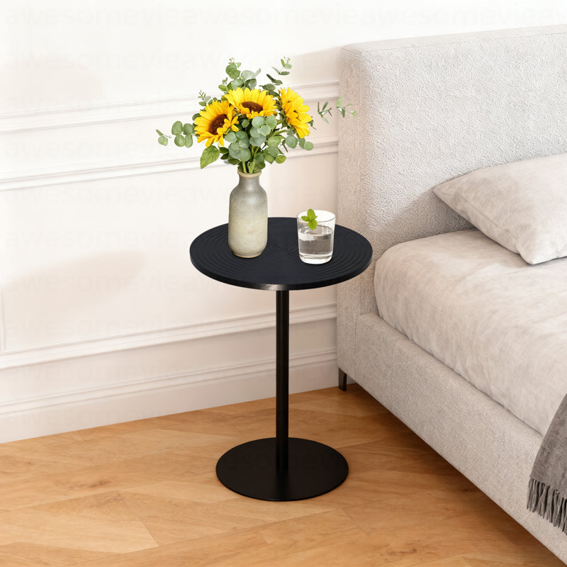 Set Of 2 Small Round Side Table Wooden Concentric Circles Coffee Table For Two Metal Pedestal Nightstand For Corner Small Space (Walnut Brown & Black)