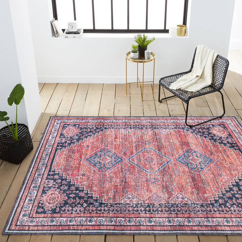 Lesandra Geometric Medallions Machine-Washable Terracotta/Navy Rug, Rectangle 3'11" x 6'
