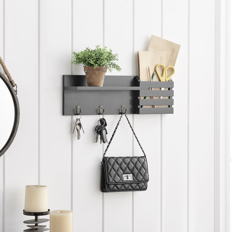 Speight Wall Mail Organizer with Key Hooks, Black