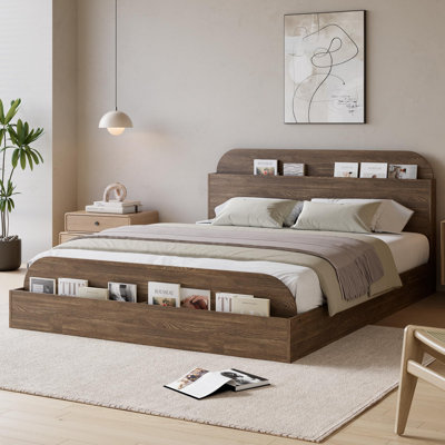Cadre de lit, lit en bois avec tête de lit et pied de lit avec rangement