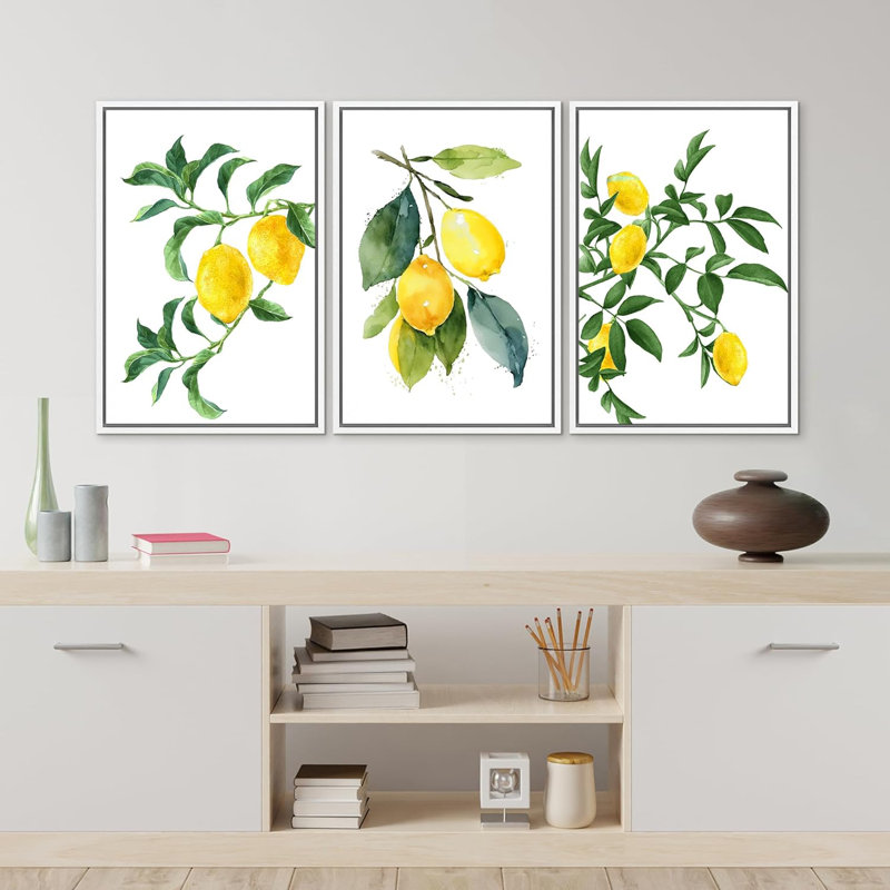 «Kitchen Food Watercolor Lemon Fruits», reproduction sur toile encadrée de 3 pièces, Blanc, H 24 po x l 16 po x P 1,5 po