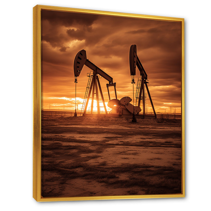 «Sunrise Oil Drilling Rig Horizon», reproduction sur toile, Cadre flottant doré, H 32 po x l 16 po x P 1 po