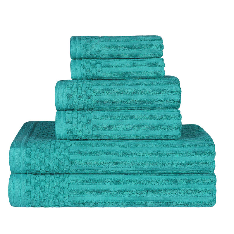 Ruvins Cotton Highly Absorbent 6-Piece Solid and Checkered Border Towel Set, Turquoise
