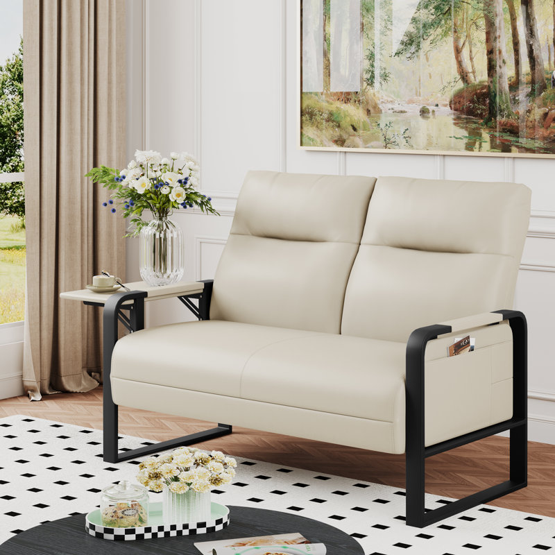 49.6" Faux Leather Mid-Century Loveseat 2 Seater Sofa, Beige
