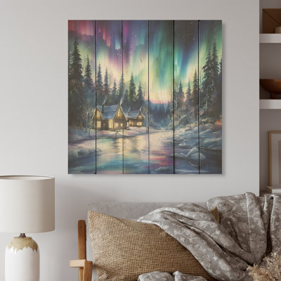 Northern Lights Charm In Winter I - Northern Lights, art sur bois de pin naturel