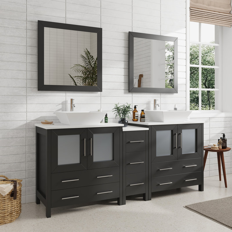  Meuble-lavabo autoportant à double cuve avec cadre en marbre et miroirs assortis avec cadre 72 po, Espresso