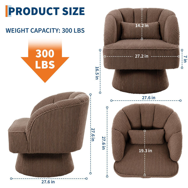 Fauteuil demi-tonneau pivotant en velours côtelé avec dossier rayé, siège d'appoint rond moelleux pour le salon, Brun, Brun