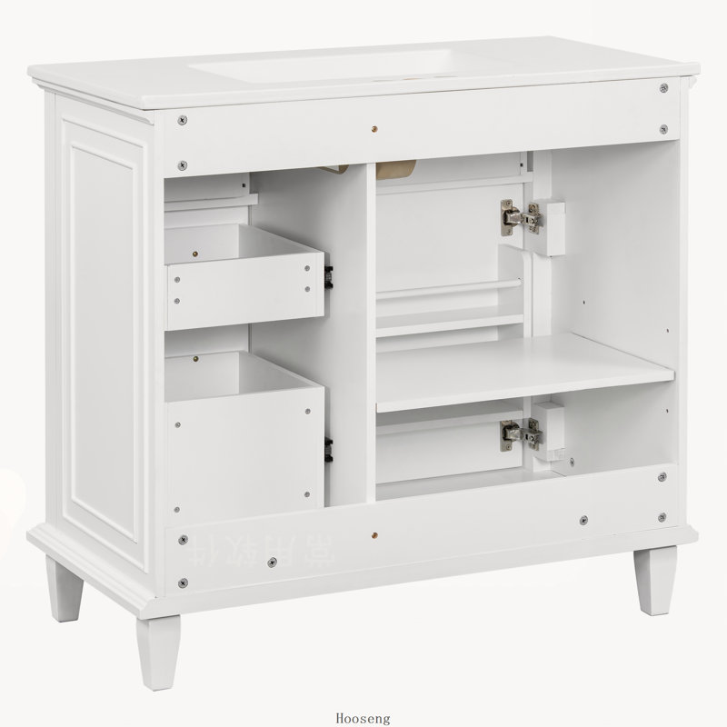 Meuble-lavabo autoportant de 36 po avec comptoir en céramique, structure en bois massif, armoire en bois aggloméré et peuplier avec tiroirs rabattables et tablette réglable, poignées en alliage de zinc, robinet non inclus
