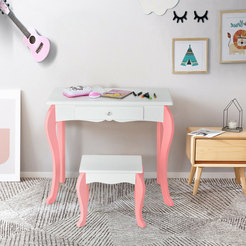 Ensemble de tabouret de coiffeuse avec coiffeuse à miroir Mcillian Kids, Blanc