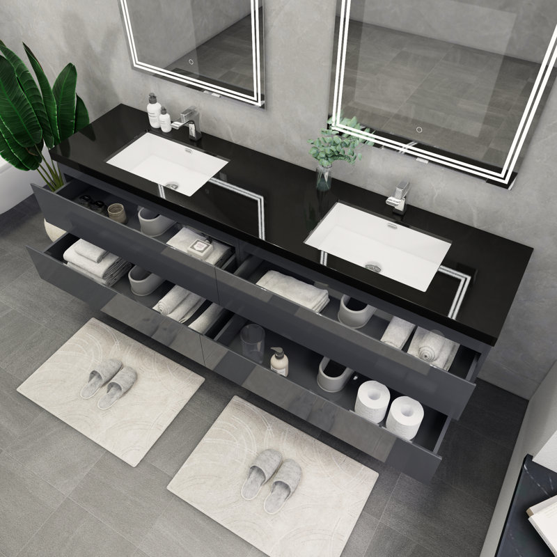 Ensemble de meuble-lavabo double mural 84 po Kirker, Gris lustré