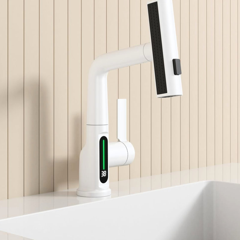 White Pull-Out Lift Basin Faucet With Led Temperature Indicator - 360 Rotatable, 31 Spout Modes, Adjustable Height Bathroom Sink Lift, Rotation, Height, Tap