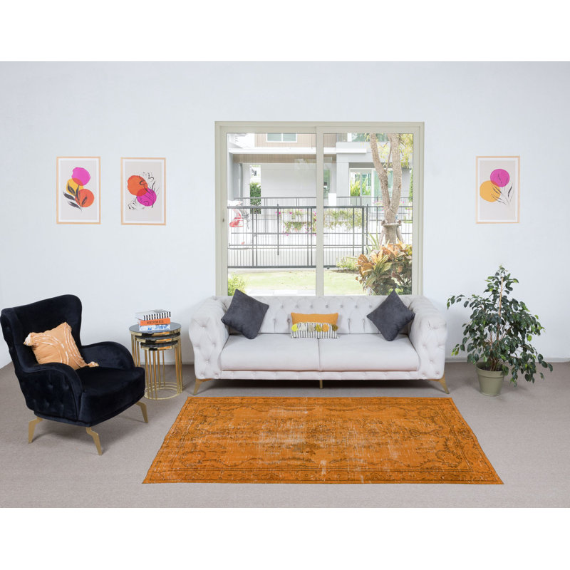 Tapis orange contemporain 4,5 x 7,7 pi, tissé et noué à la main en Turquie