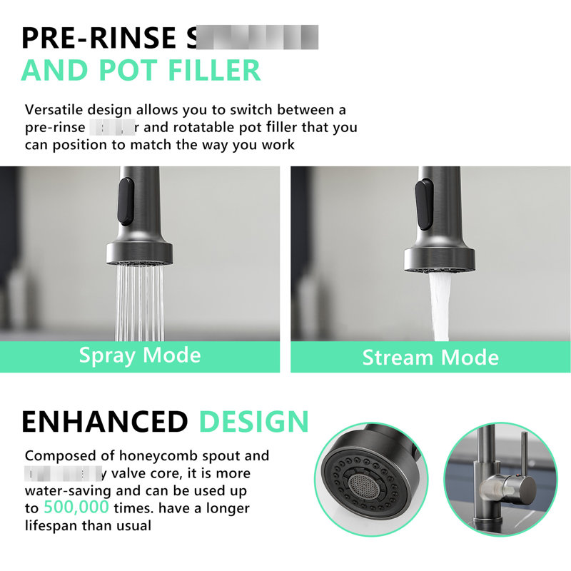 Commercial Kitchen Sink Faucet With Pull-Down Spray, Single Lever, Brass, Matte Black Surface Handle Pull Down , Black, Long Neck Spout, For Use