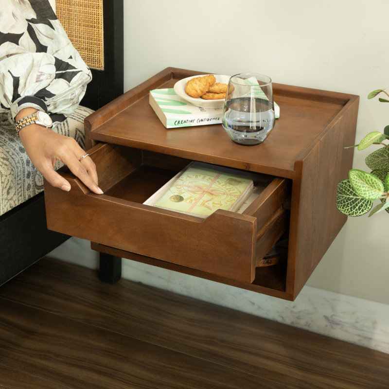Alina Solid Wood Nightstand Tray-Top with Drawer and Open Storage, Tan
