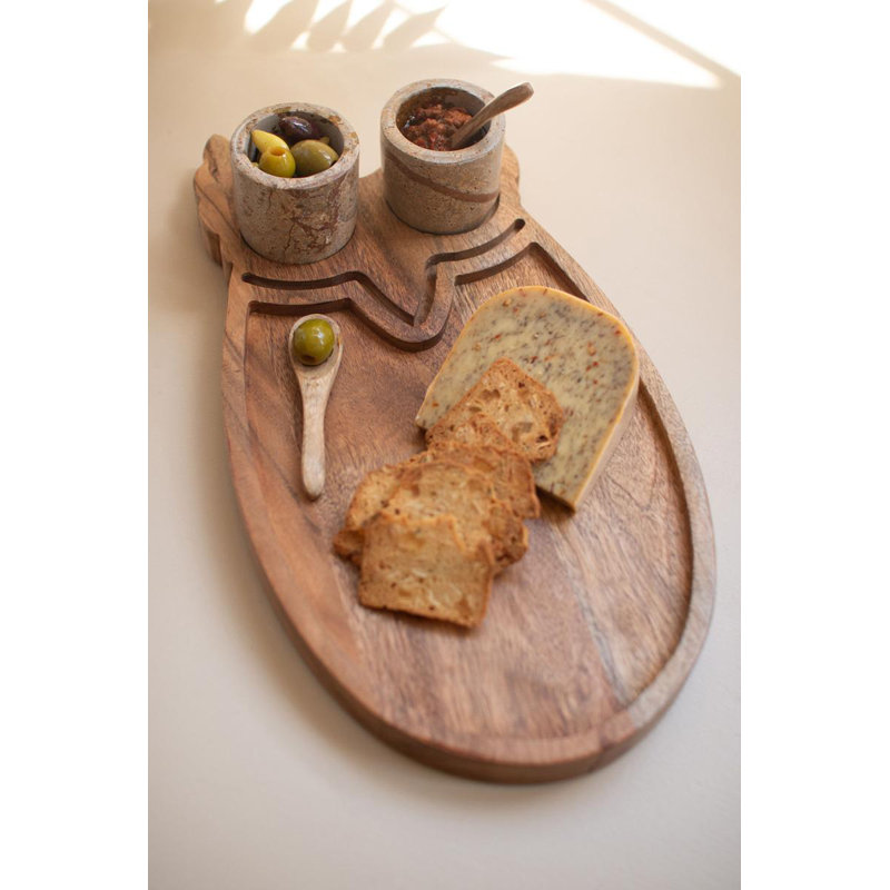  Planche de service en bois hibou avec bols et cuillères en marbre