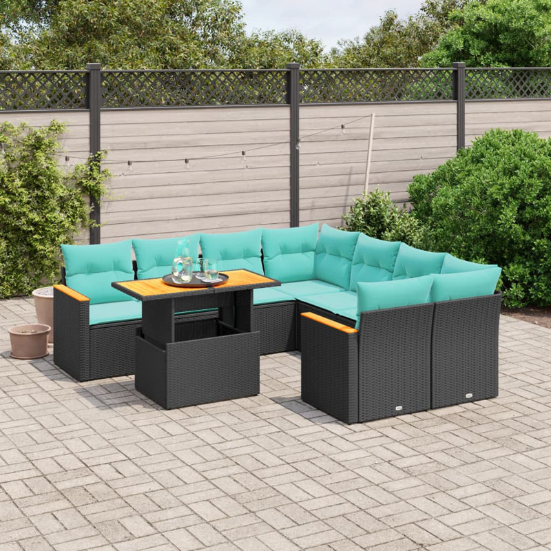  9 Piece Patio Sofa Set With Cushions Poly Rattan, Black, Green