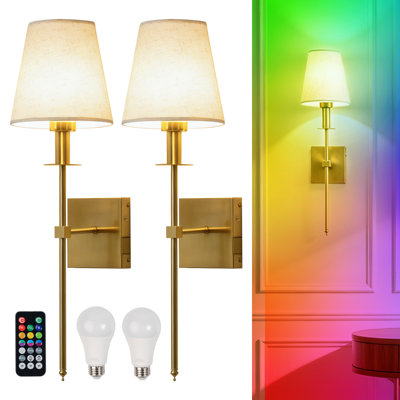 Dimmable Battery Operated Wall Sconce with Remote, RGB Color Changing Cordless Wall Light Fixture with Fabric Shade, Modern Brass Wall Lamp Set of 2