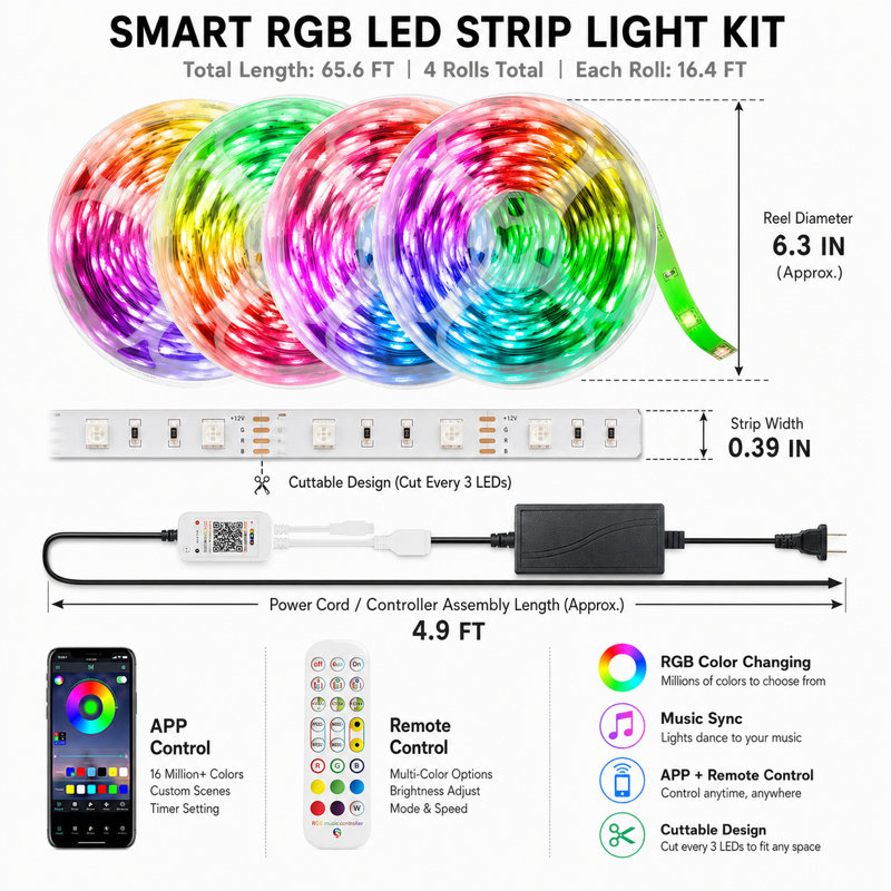 66ft Smart LED Strip Tape Lights – Music Sync, RGBW Color Changing, App & Remote Control, Cuttable
