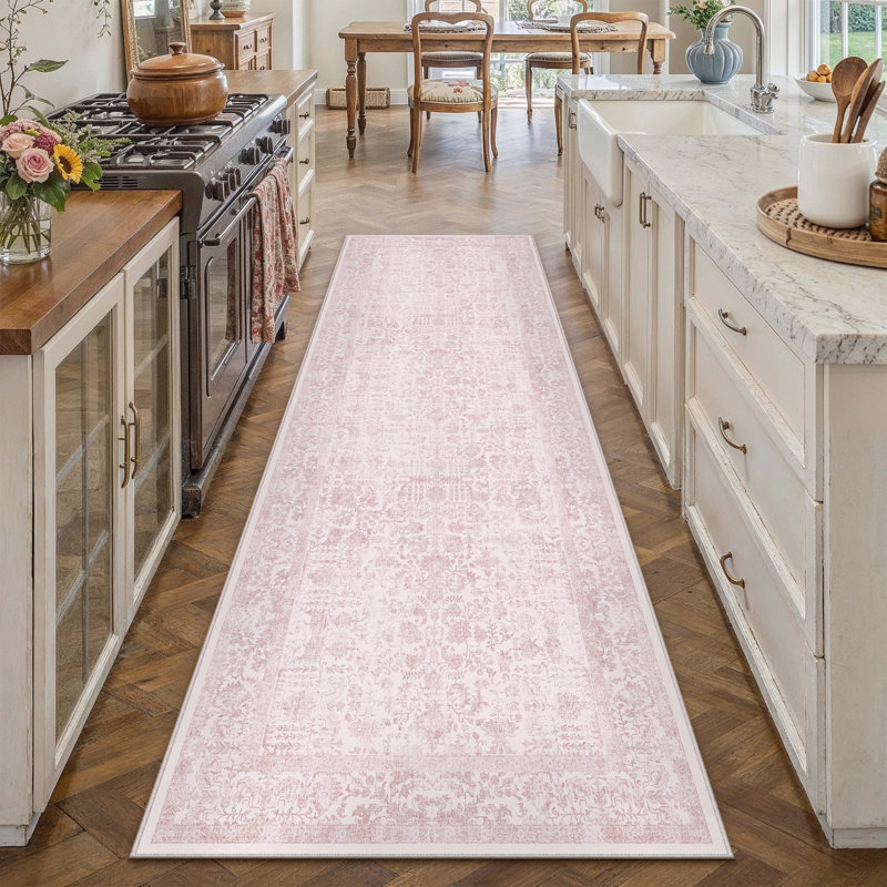 Tapis vintage lavable à la machine avec envers antidérapant Kitty, Pink, 0.28", Tapis de couloir 2 pi x 8 pi